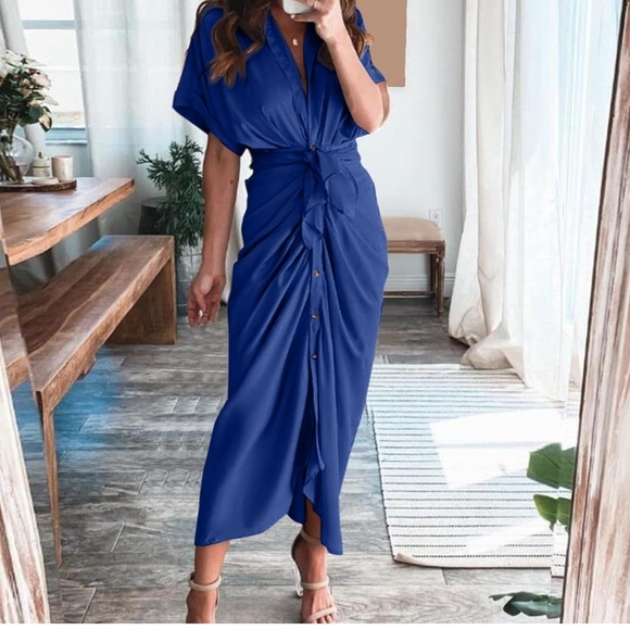 Amazon Elegant Blue Midi Dress with Tie Front - Picture 4 of 4